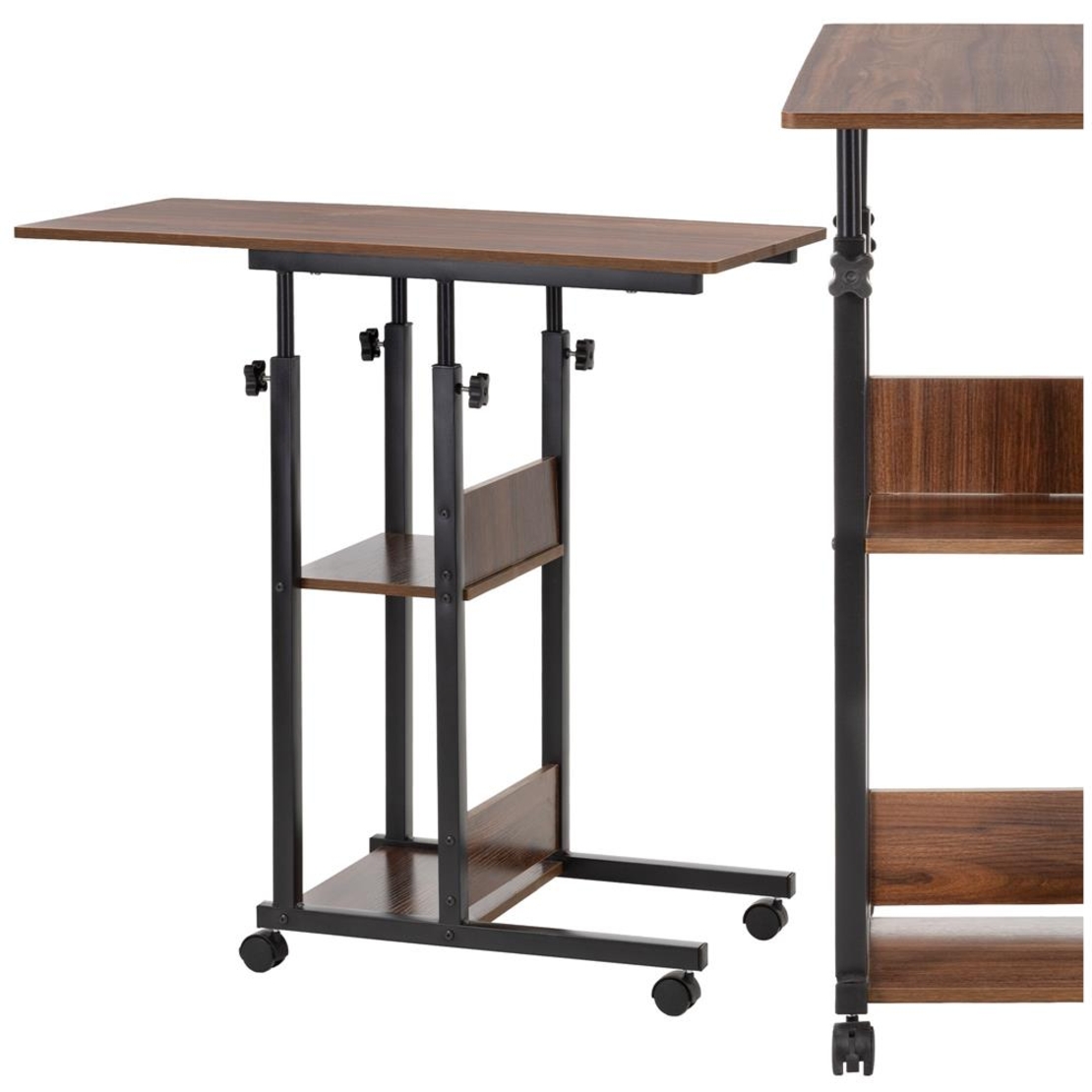 Birou reglabil pe inaltime cu rafturi si roti, blat din lemn si structura metalica, 80x40x76-86 cm, maro inchis