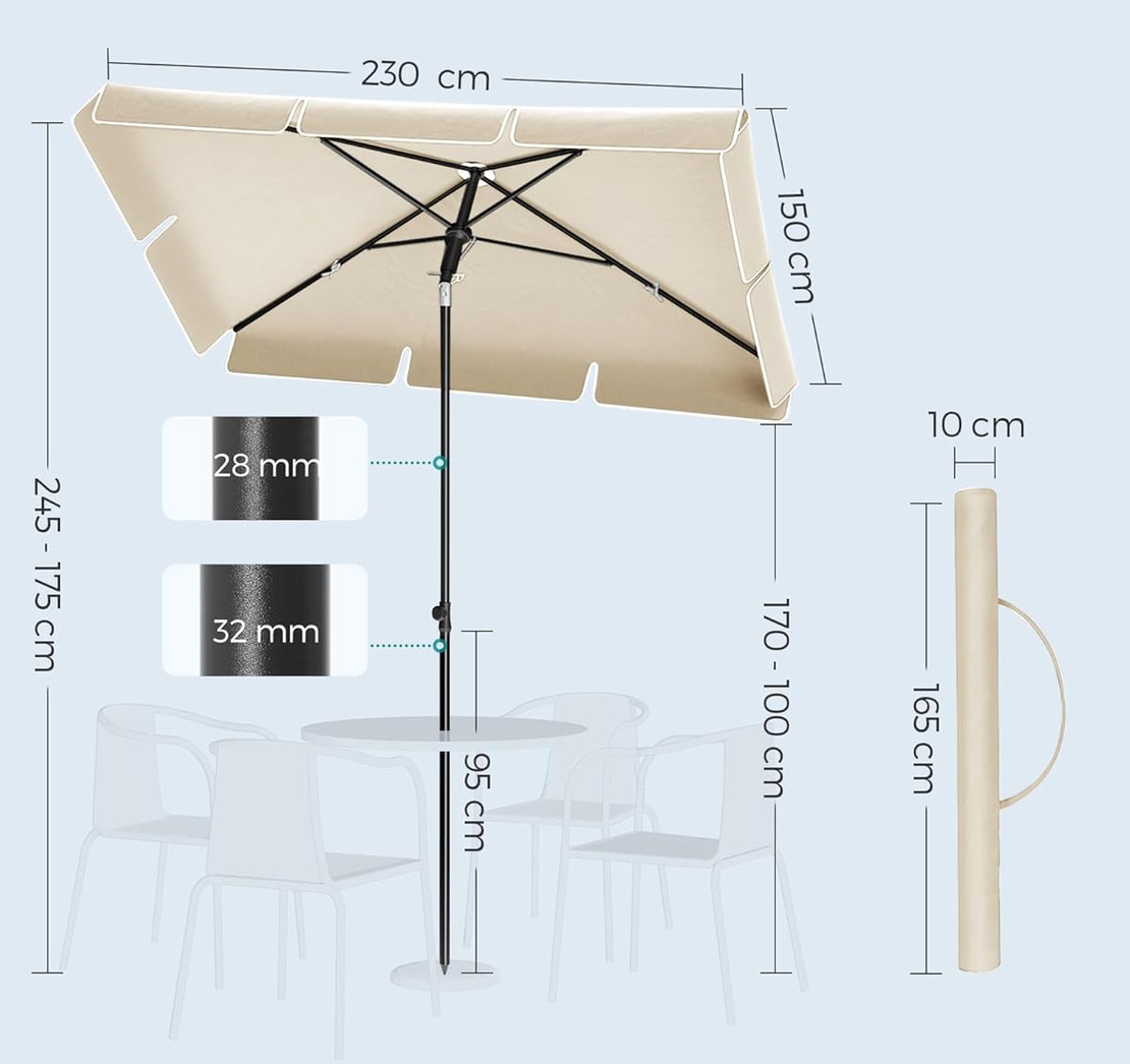 SONGMICS Umbrela terasa sau gradina reglabila, inclinare 2 directii, protectie UV UPF 50+, husa inclusa, 230x150 cm, bej