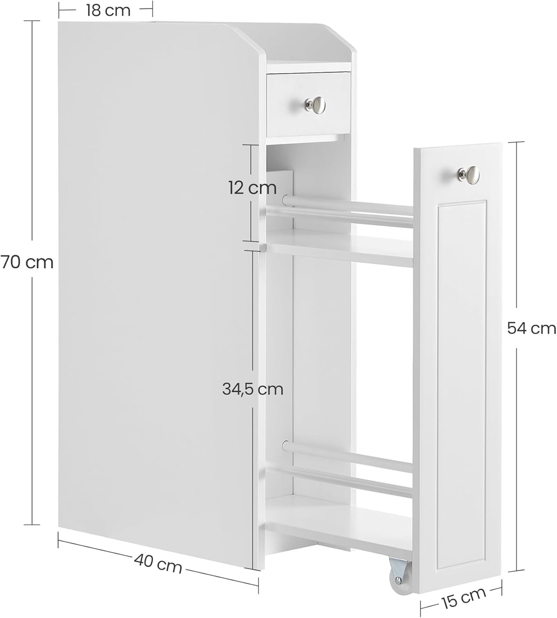 VASAGLE Dulap baie ingust cu sertare si roti, pentru depozitare, MDF, 40x18x70 cm, alb