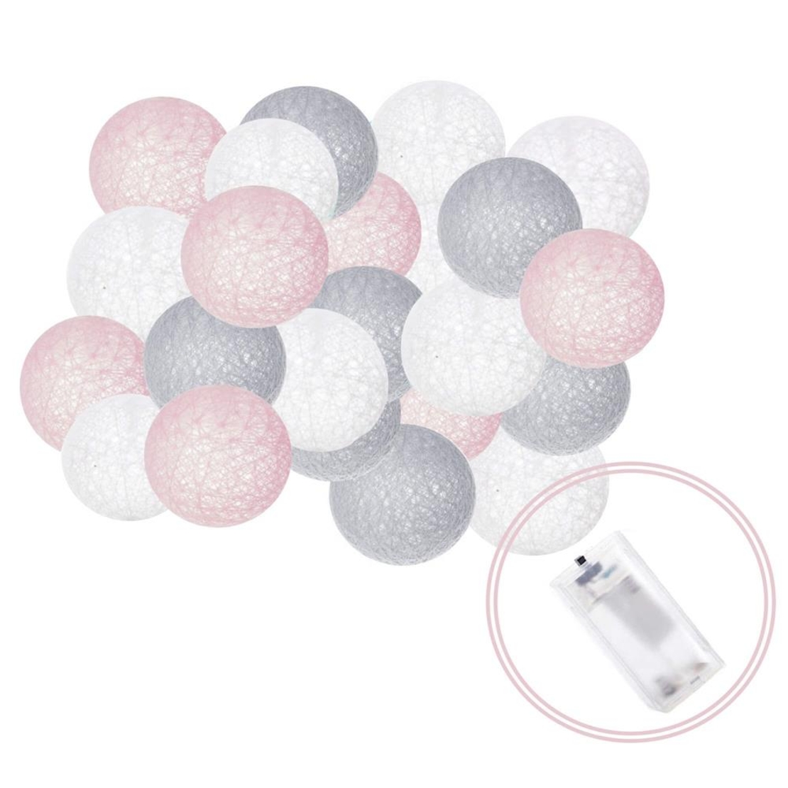 Instalatie decorativa 20 LED, lumina alba calda, 4.1 m, bile roz/alb/gri
