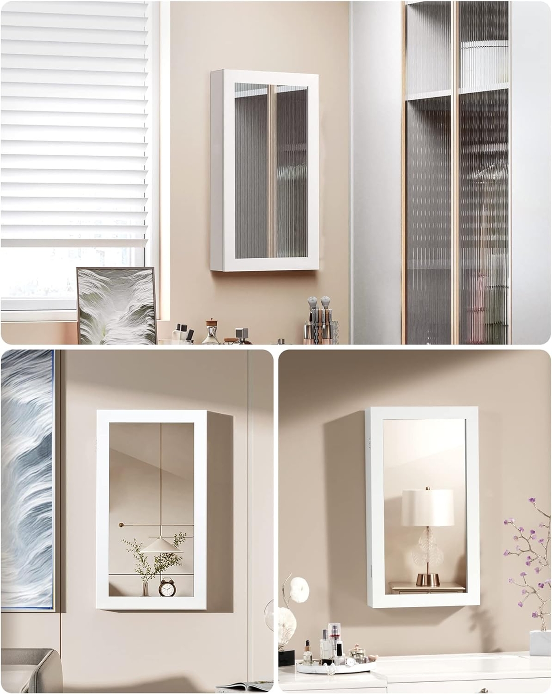 SONGMICS Dulap de bijuterii cu oglinda, montare pe perete, incuietoare, 37x11x67cm, alb