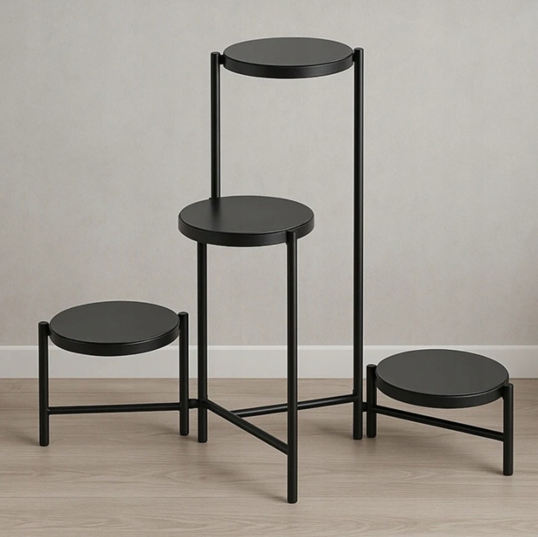 Suport pentru flori cu structura metalica, 4 niveluri, cu rafturi rotunde, 60x43x60 cm, negru