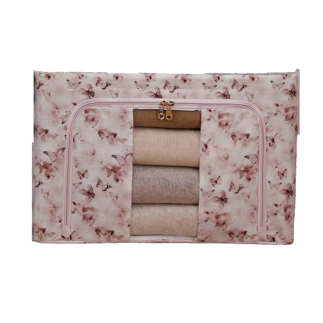 Cutie Depozitare, Vafy, 66L, din Material Textil, 50 x 40 x 33 cm, pentru Haine si Lenjerii, Model Fluturasi, Roz/Gri