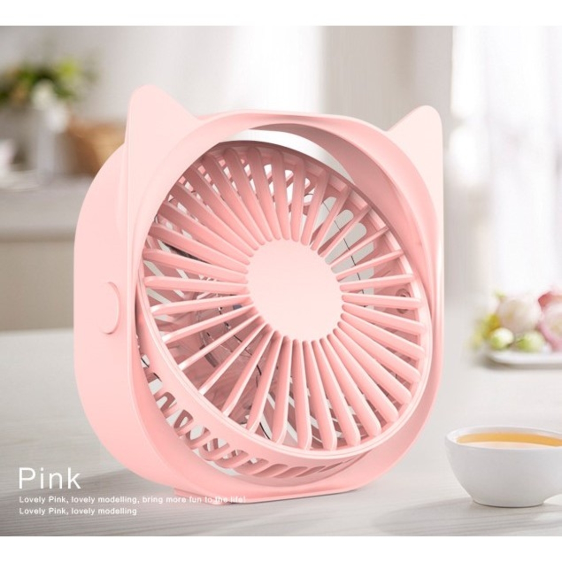 Mini ventilator pentru birou cu usb, Vafy, rotire 360 grade, 3 viteze, 13.5 x 12,8 cm, Roz