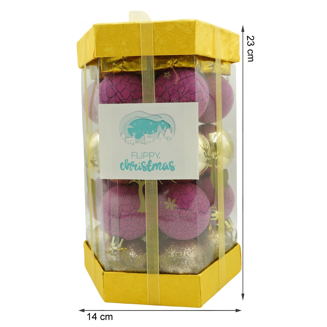 Set de 35 ornamente de brad, Flippy, de tip Glob, Auriu/ Mov, din polistiren, cu finisaj sclipitor , cutie 14 cm adancime x 23 cm inaltime x 14 cm lungime)