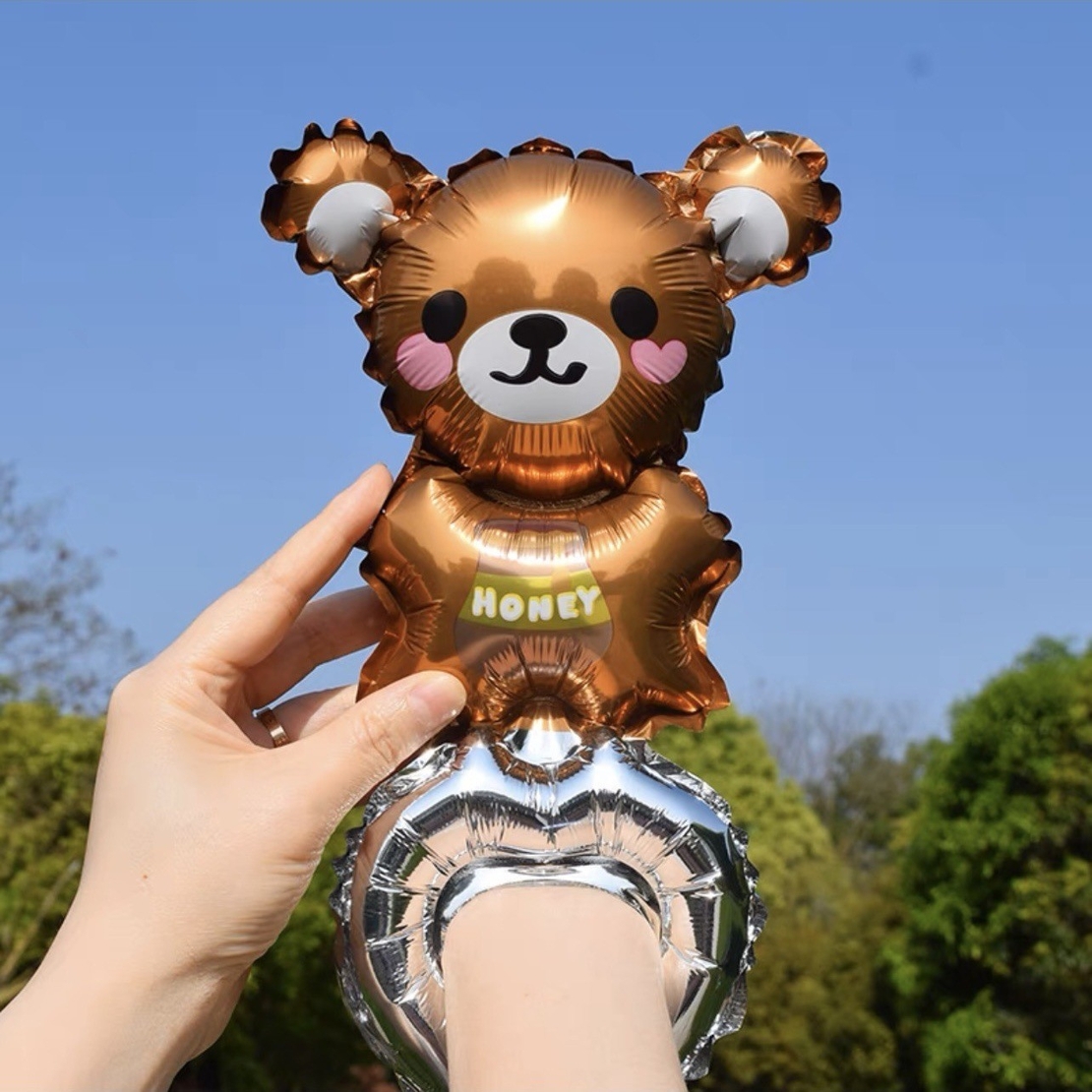 Balon din Folie Metalizata, Vafy, Figurine Animalute, Tip Bratara, Model Ursulet, Ambalaj Individual, Pai Inclus, Umflare cu Aer sau Heliu, Maro