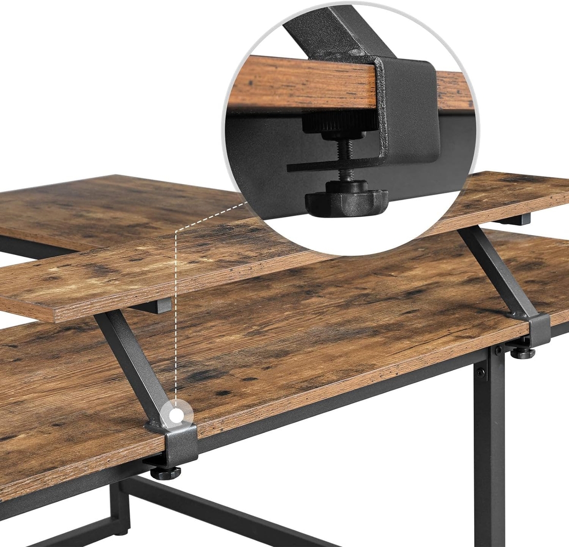 VASAGLE Birou in forma de L cu suport pentru monitor, cadru metalic, 140x130x76cm, maro rustic
