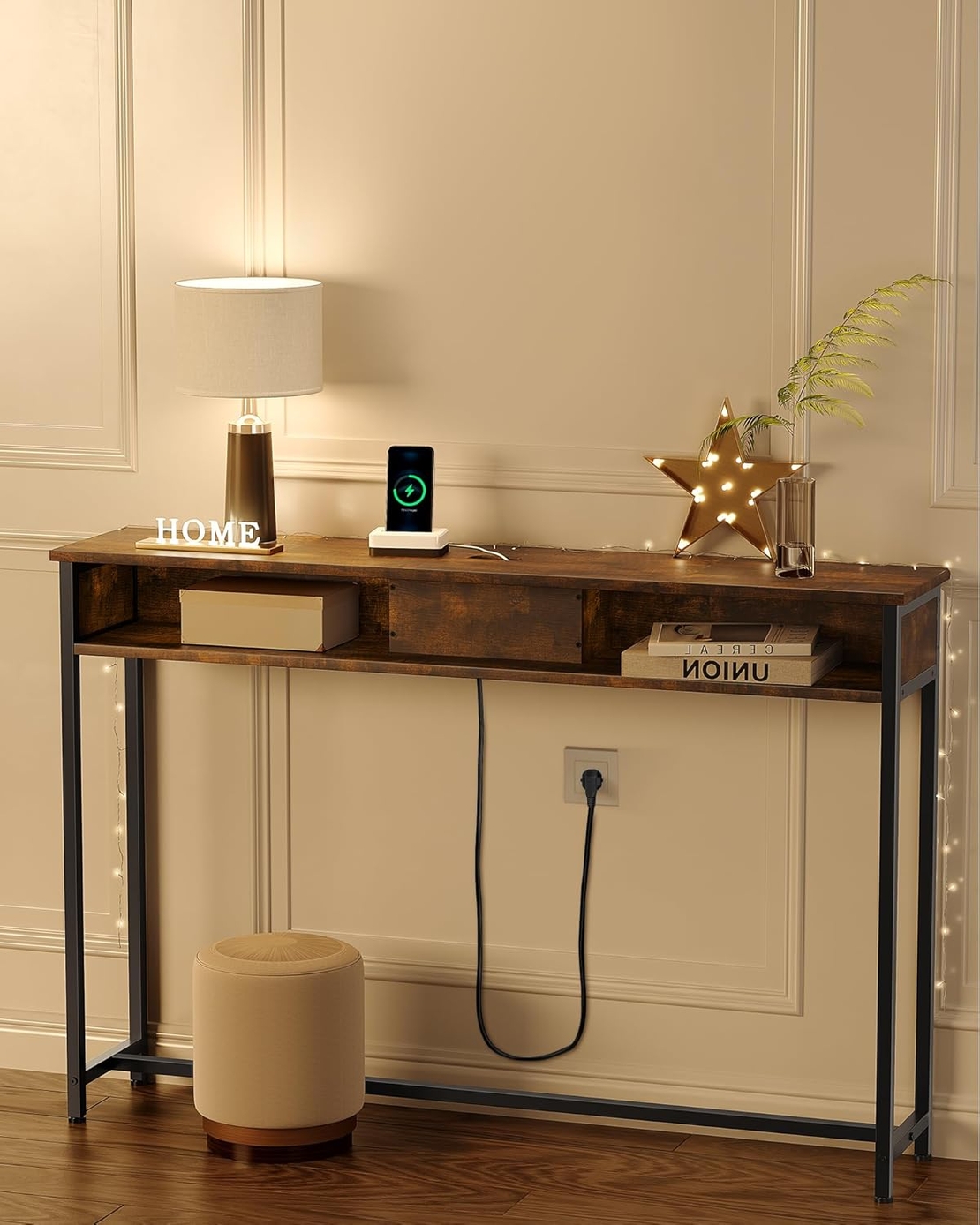 VASAGLE Masa tip consola ingusta, cu 2 prize si 2 porturi USB incorporate, 120x25x81 cm, maro rustic