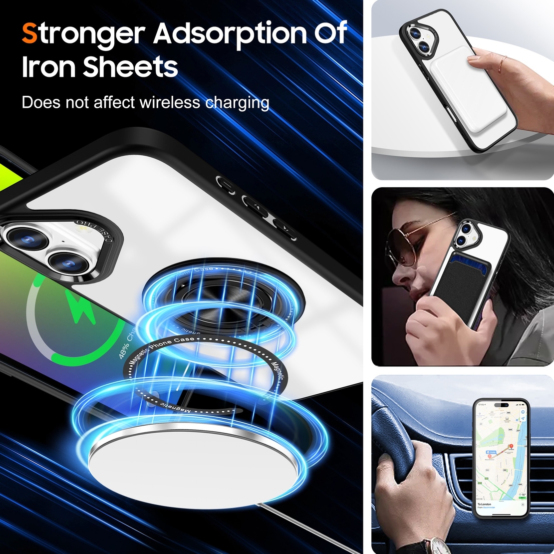 Husa de Protectie TPU, Vafy, pentru iPhone 16, Anticadere, cu Incarcare Wireless, Tehnologie Magsafe, Inel Magnetic Rotativ cu Functie de Suport, Transparent-Negru