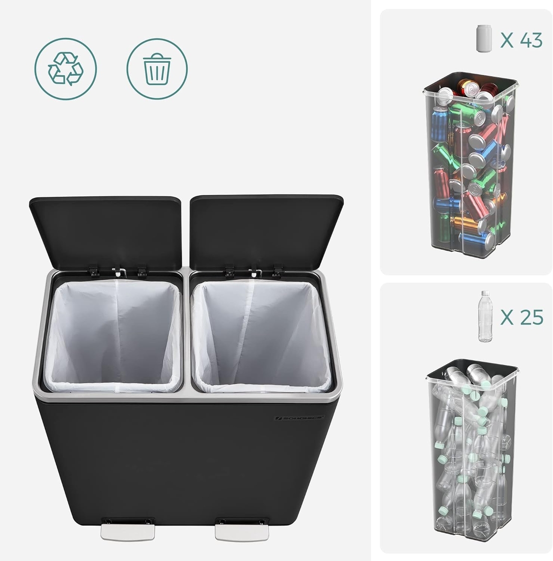 SONGMICS Cos de gunoi din inox cu 2 compartimente colectare selectiva, cu galeti interioare, 2x30litri, negru