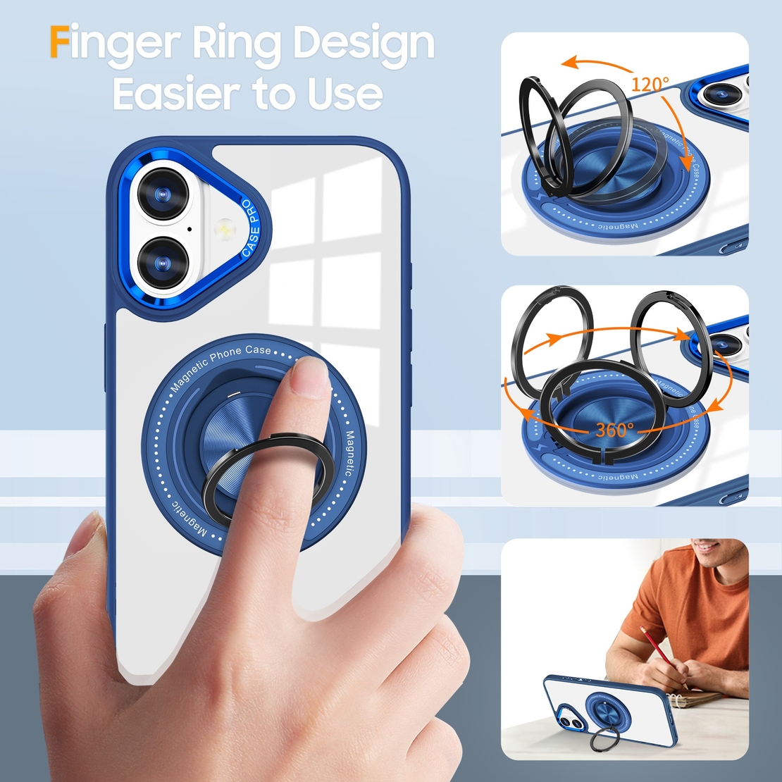 Husa de Protectie TPU, Vafy, pentru iPhone 16 Plus, cu Incarcare Wireless, Tehnologie Magsafe, Inel Magnetic Rotativ cu Functie de Suport, Transparent-Albastru Inchis