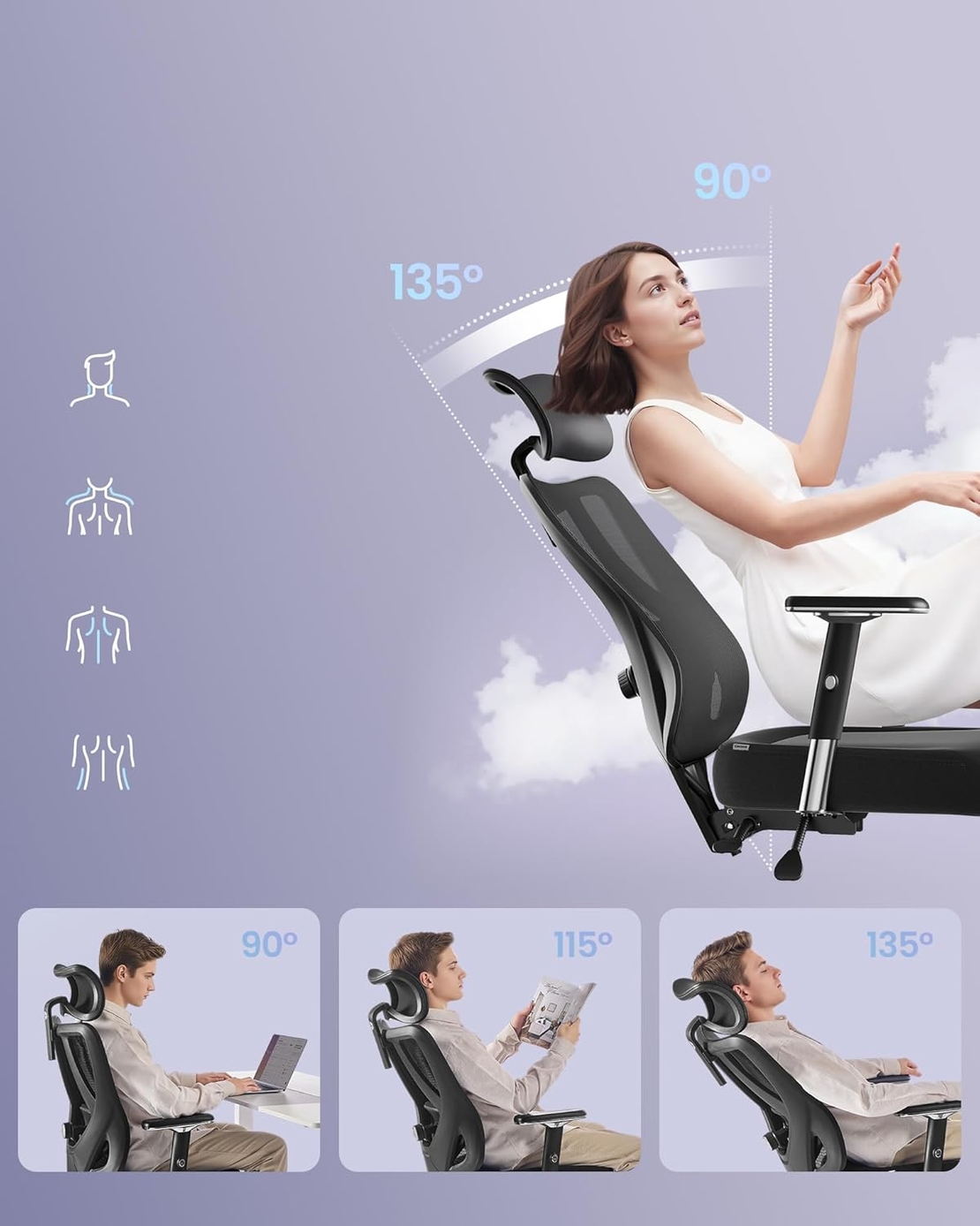 SONGMICS Scaun de birou ergonomic profesional, suport lombar reglabil, tetiera 2D, brate 4D, maxim 150 kg, 70x70x136 cm, negru
