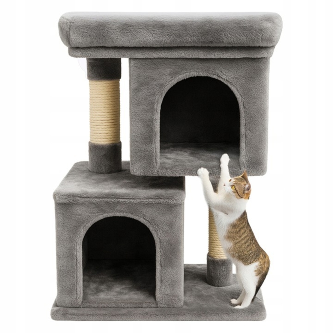 Ansamblu de zgariat pentru pisici tip turn cu 2 niveluri, tunel, casuta si pat, MDF si plus, 67 cm, gri