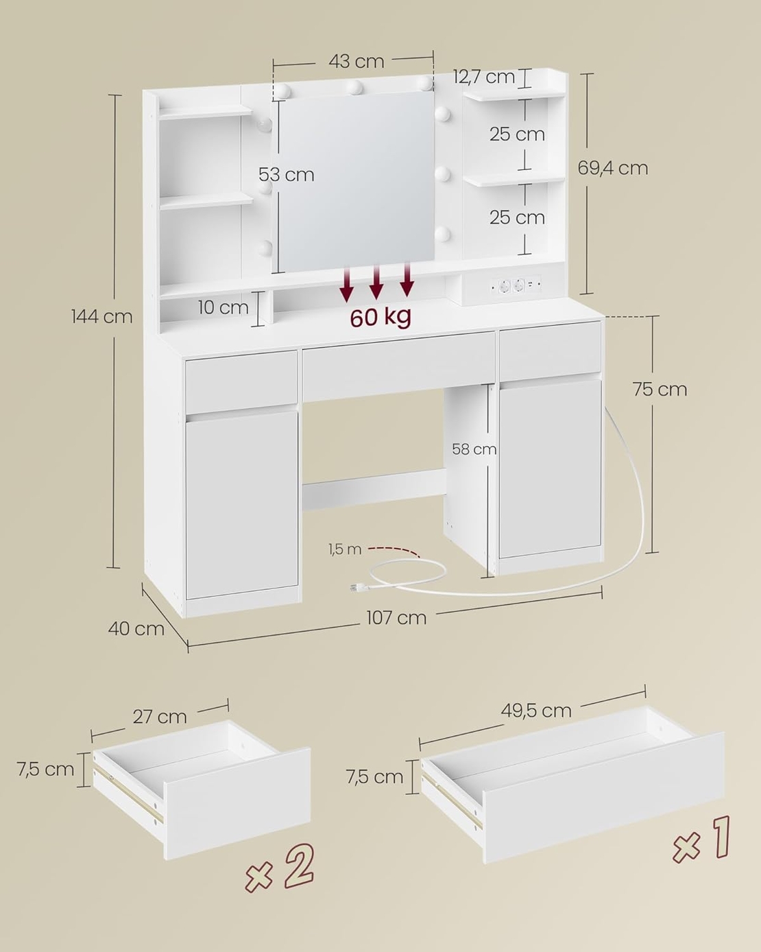 VASAGLE Masa de toaleta Kailyn cu oglinda, iluminare LED reglabila, priza integrata AC si USB, fronturi MDF, 40x107x144 cm, alb