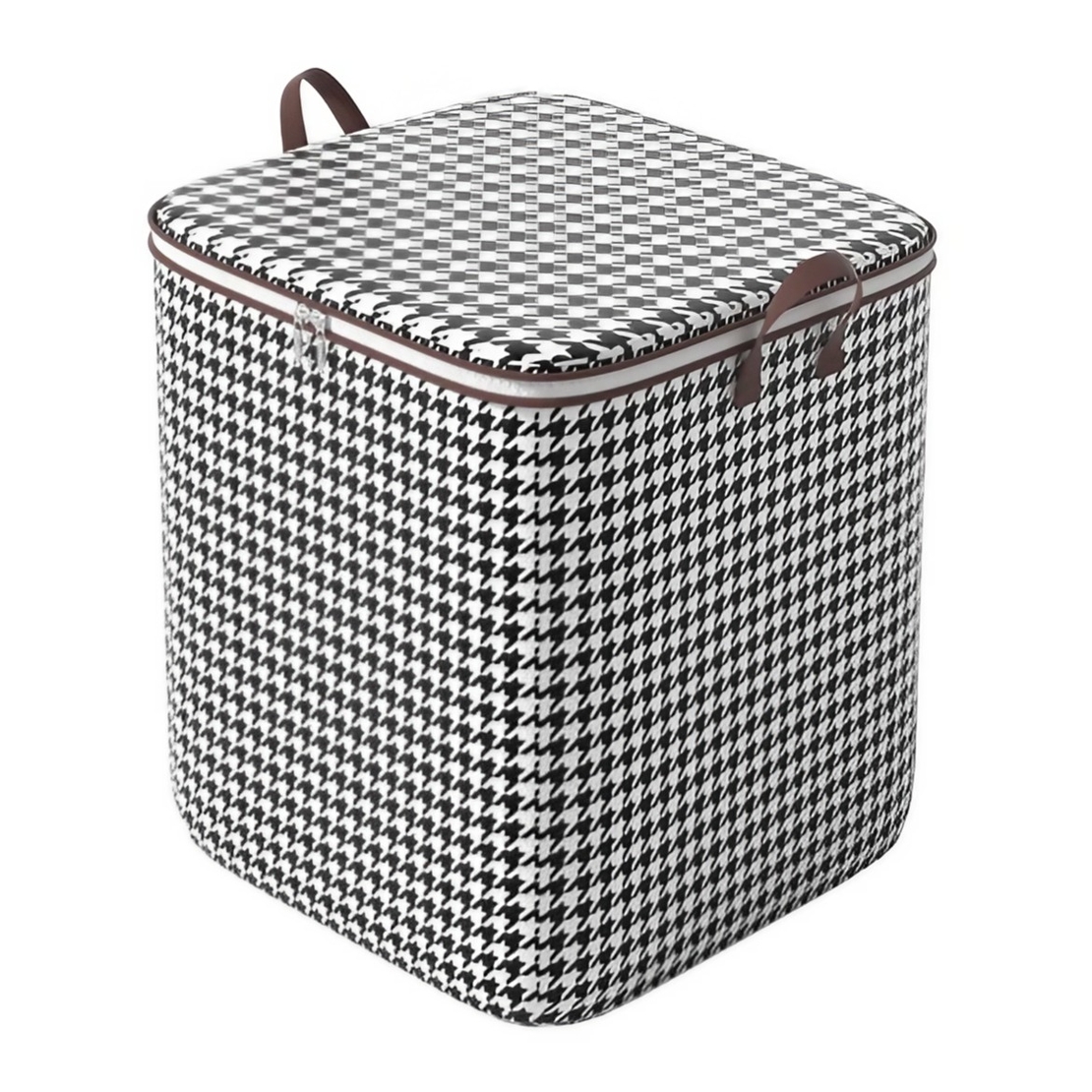 Cutie de Depozitare cu Fermoar, Flippy, Pliabila, Maner Ranforsat, Fermoar Rezistent, pentru Haine, Paturi, Plapumi, Perne, Lenjerii de Pat, Jucarii, 56x45x56 cm, 140 Litri, in Carouri, Alb-Negru