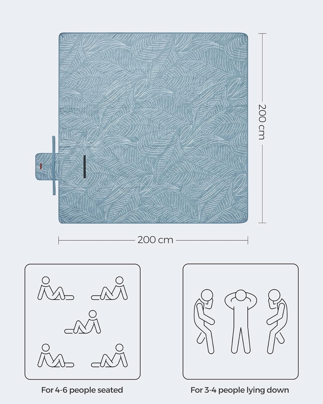 SONGMICS Patura picnic impermeabila 200x200 cm, cu ancore de fixare, pliabila, lavabila, multistrat, albastru cu model frunze