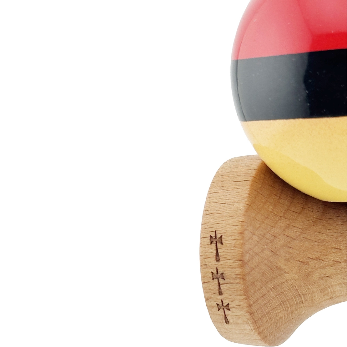 Kendama X Originala, Profesionala, Flippy, Big Cups V2, Super Sticky cu Cupe Mari, Rulment Metalic, din lemn 18 cm, Ata 55 cm, Rosu/Negru/Galben
