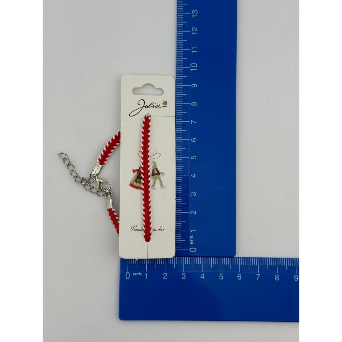 Martisor Traditional Bratara Tricotata, Jolie, Snur Textil si Lant Metalic, 12 x 4 cm, Rosu
