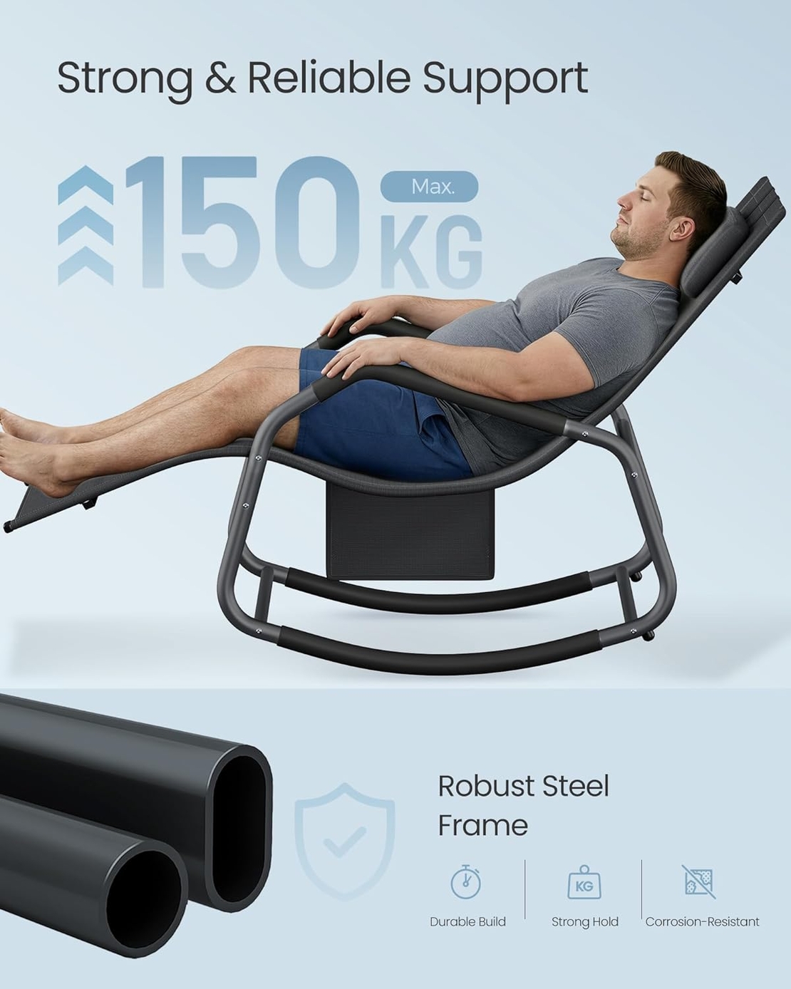SONGMICS Sezlong balansoar gradina, cu tetiera reglabila si buzunar lateral, cadru otel, maxim 150 kg, 151x56x97 cm, negru