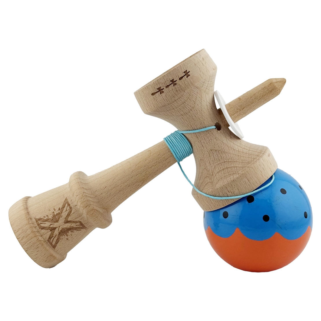 Kendama X Originala, Profesionala, Flippy, Super Sticky cu Cupe Mari KING SIZE V3, Gaura in Baza, Rulment Metalic, din lemn 18 cm, Ata 62/65 cm, Special Albastru/Portocaliu