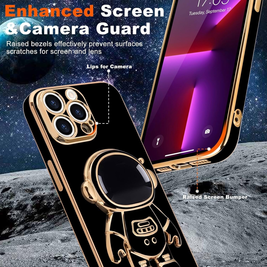 Husa de Protectie TPU 2in1, Vafy, pentru Apple iPhone 15 Pro, Astronaut cu Suport, Antisoc, Rezistenta la Impact, Protectie Camera, Negru