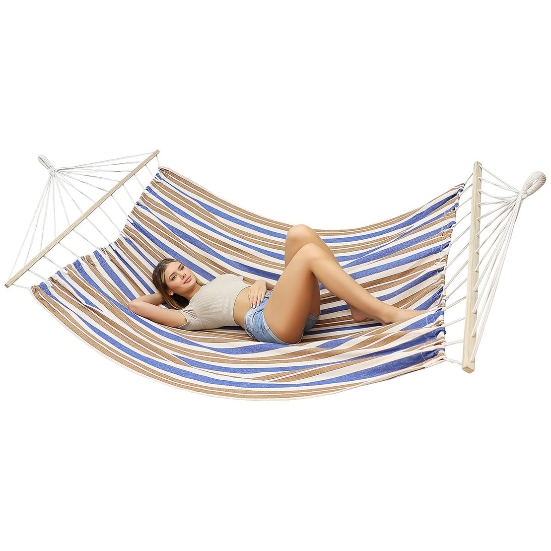 Hamac dublu cu bare din lemn, pentru 2 persoane, bumbac, 150kg, 200x150 cm, albastru si maro