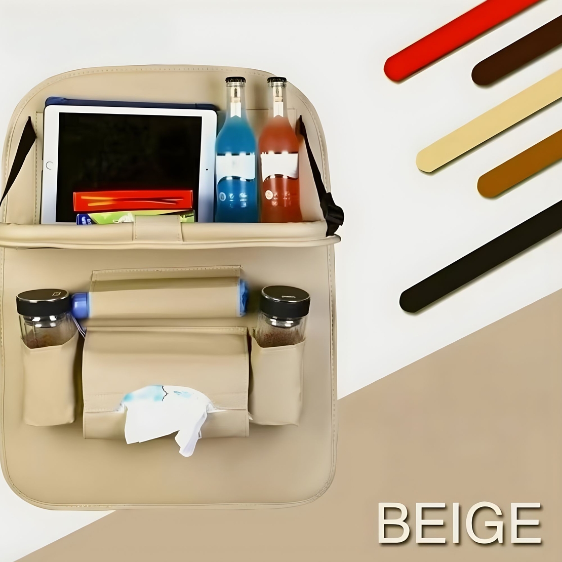Organizator Spate Scaun Auto, Flippy, Masa Pliabila, Piele Ecologica, Impermeabil, Suport pentru Tableta, Sortare Lucruri si Protejare Tapiterie, 40 x 63cm, Bej