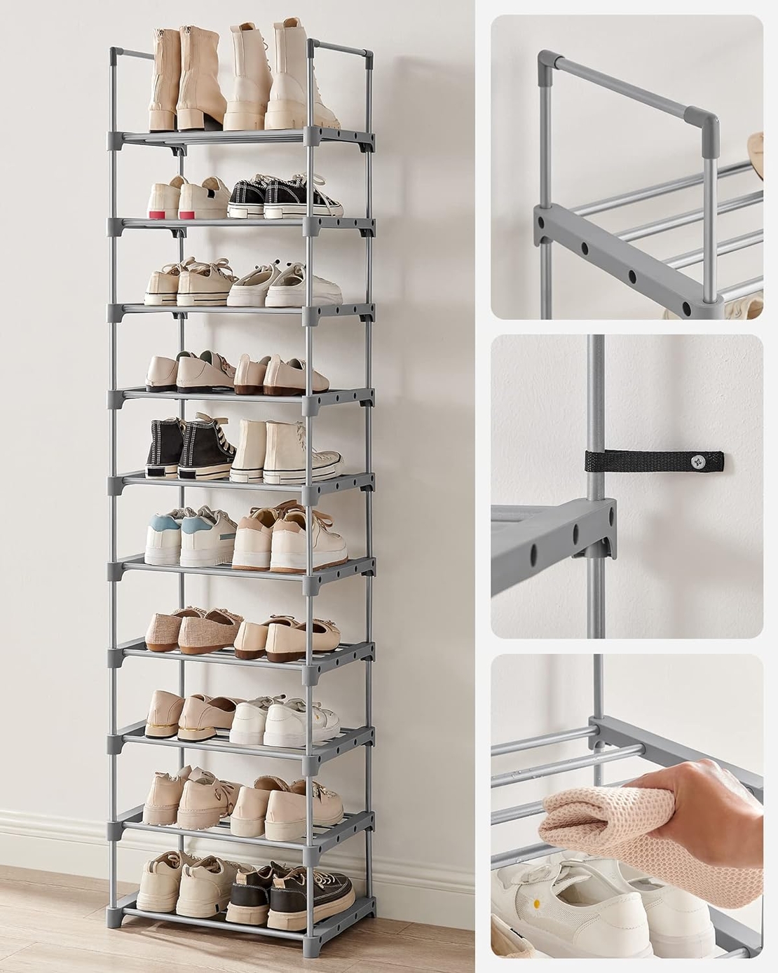 SONGMICS Suport pentru pantofi, cadru metalic cu 10 nivele, design personalizabil, 30x45x174cm, gri