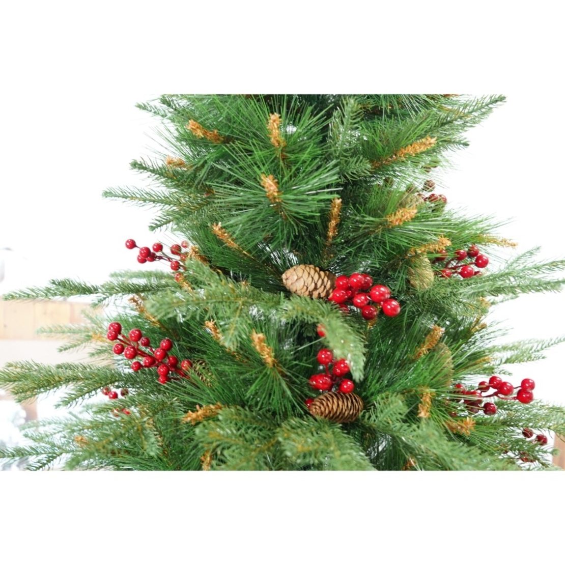 Brad artificial de Craciun, decorat cu conuri pin rosii, pentru interior/exterior, inaltime 210 cm, diametru 142 cm, 767 ramuri, Flippy, verde, suport metalic inclus