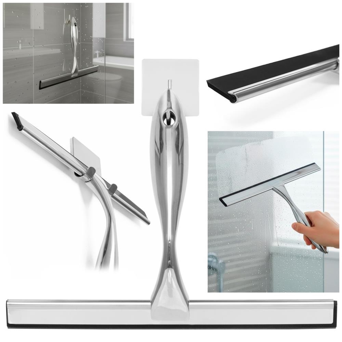 Racleta pentru baie din inox cu suport adeziv, lama 25 cm, finisaj lucios argintiu