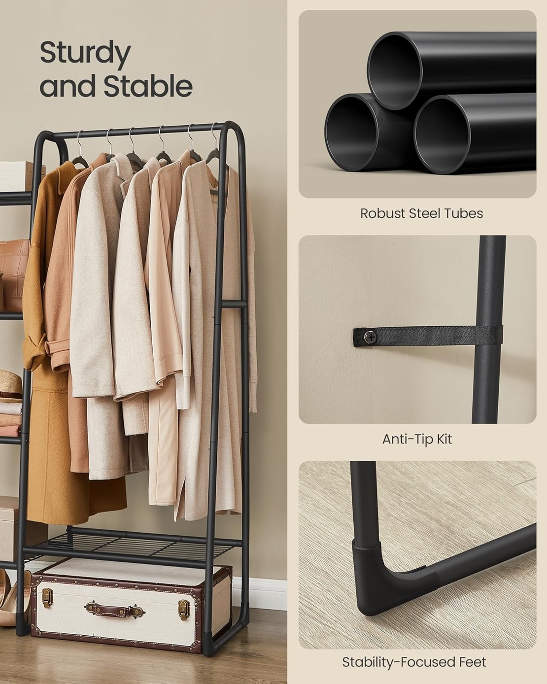 SONGMICS Cuier cu 5 rafturi si bara pentru haine, structura metalica, stil industrial, 40x102x153 cm, negru