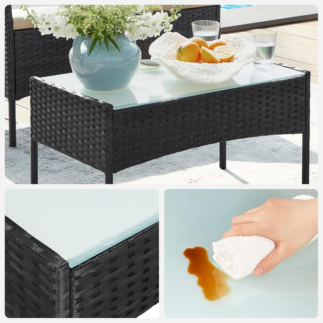 SONGMICS Set mobilier gradina 4 locuri, canapea, 2 scaune si masa cu sticla, ratan PE, negru