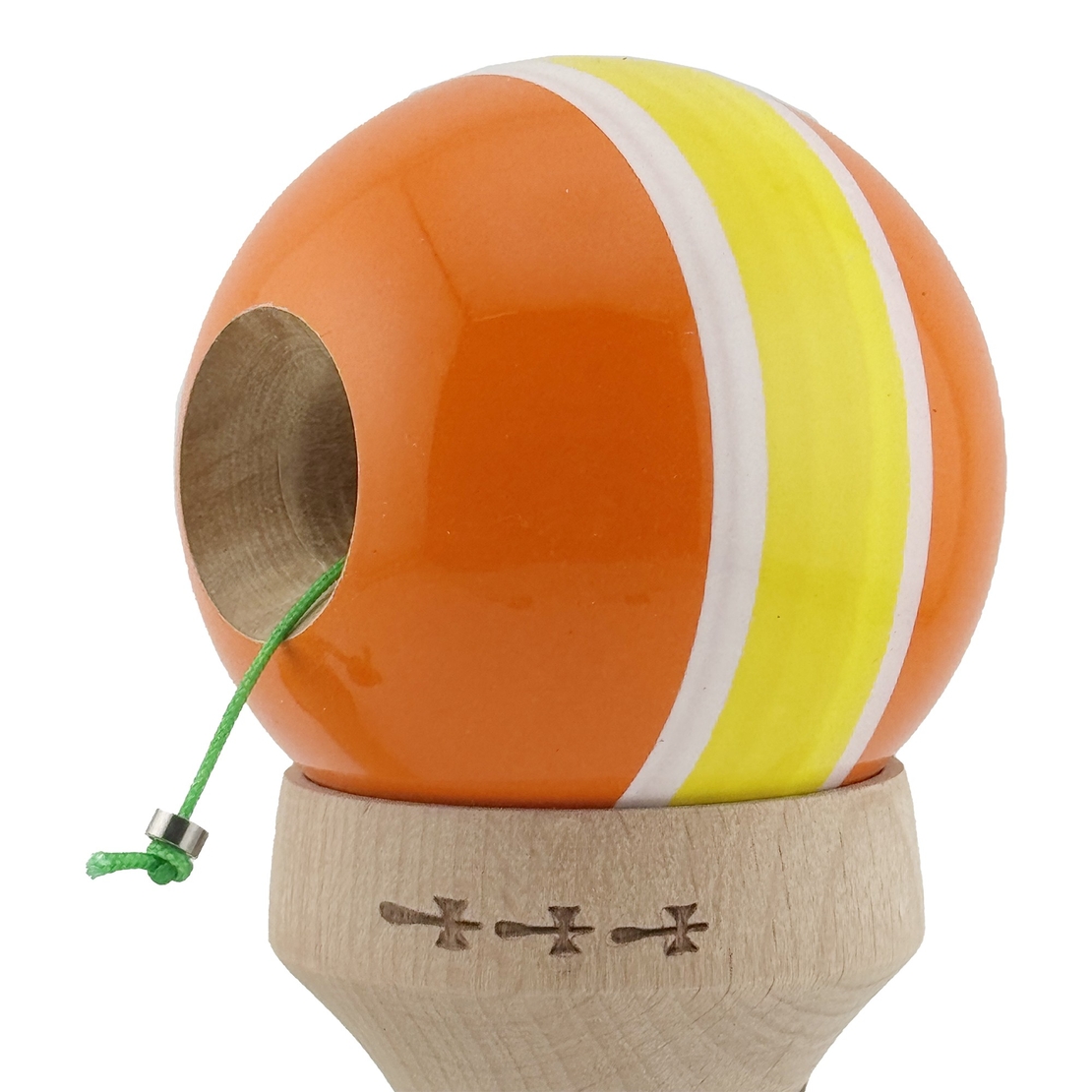 Kendama X Originala, Profesionala, Flippy, Super Sticky cu Cupe Mari KING SIZE V3, Gaura in Baza, Rulment Metalic, din lemn 18 cm, Ata 62/65 cm, Special Portocaliu/Galben