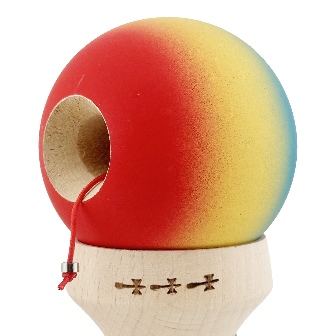 Kendama X Originala, Profesionala, Flippy, Cupe Mari KING SIZE V3, Rubber Grip, Gaura in Baza, Rulment Metalic, din lemn 18 cm, Ata 62/65 cm, Gradient Albastru/Galben/Rosu