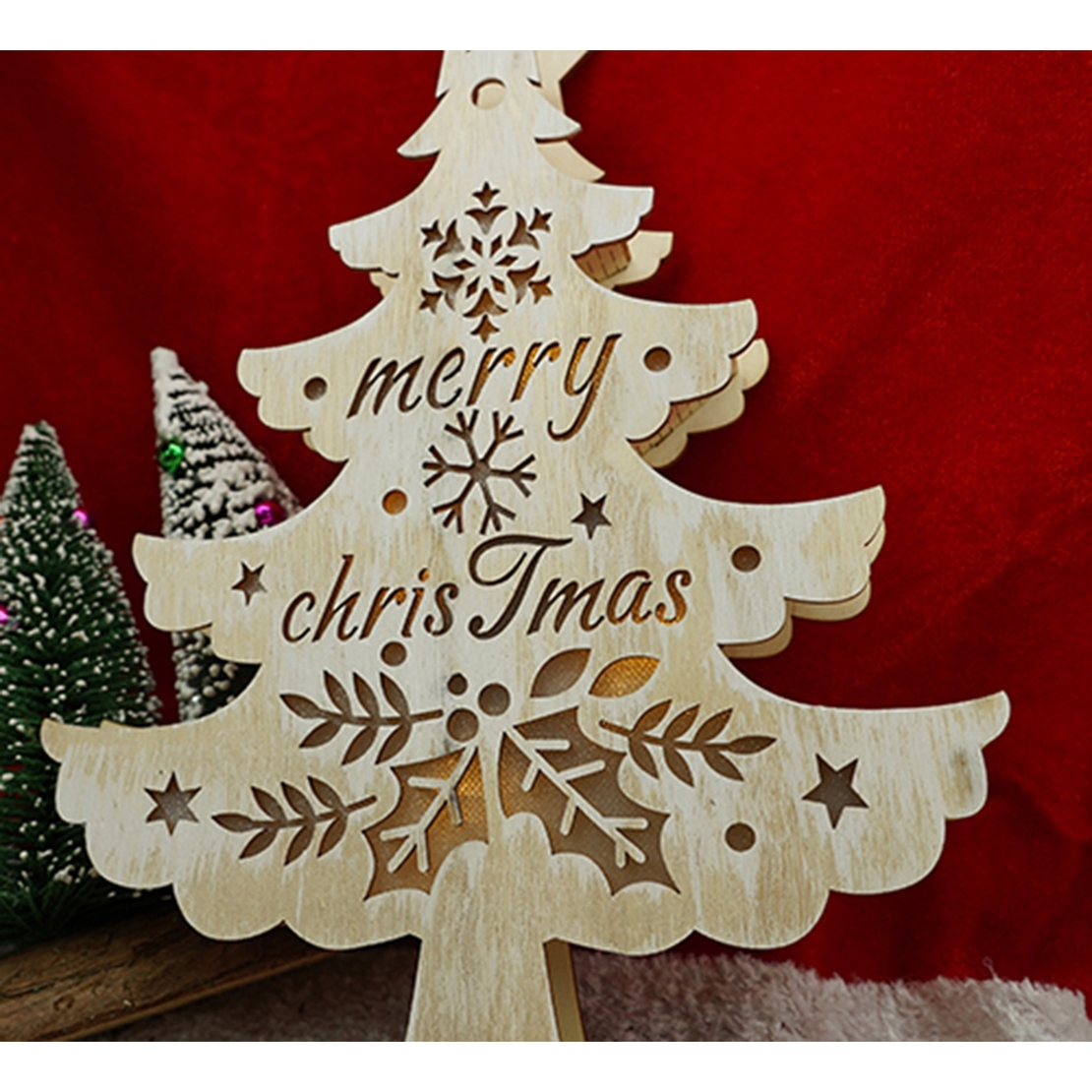 Decoratiune luminoasa, model de Brad cu inscriptie Marry Christmas, alb, lungime: 11 cm, latime: 5 cm, inaltime: 30 cm, lemn, interior/exterior
