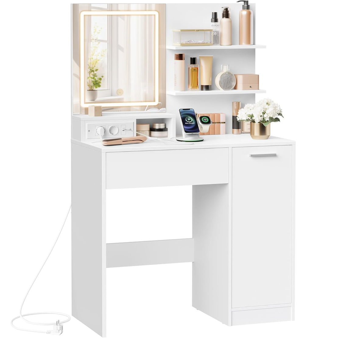 VASAGLE Masa de toaleta Kailyn cu oglinda LED si priza integrata, porturi USB, sertar, rafturi si dulap, PAL, 80x40x132 cm, alb