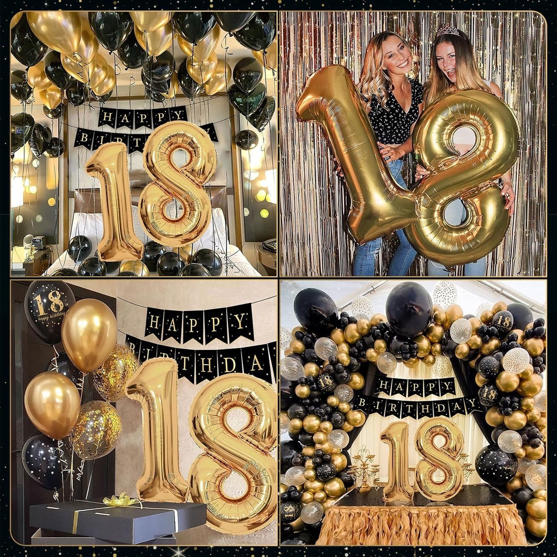 Set Baloane Folie si Latex, Flippy, Tematica Aniversare Majorat, Baloane Latex, Figurine Cifrele 1 si 8, Ambalaj Individual, Pai Inclus, Umflare cu Aer sau Heliu, Auriu Negru