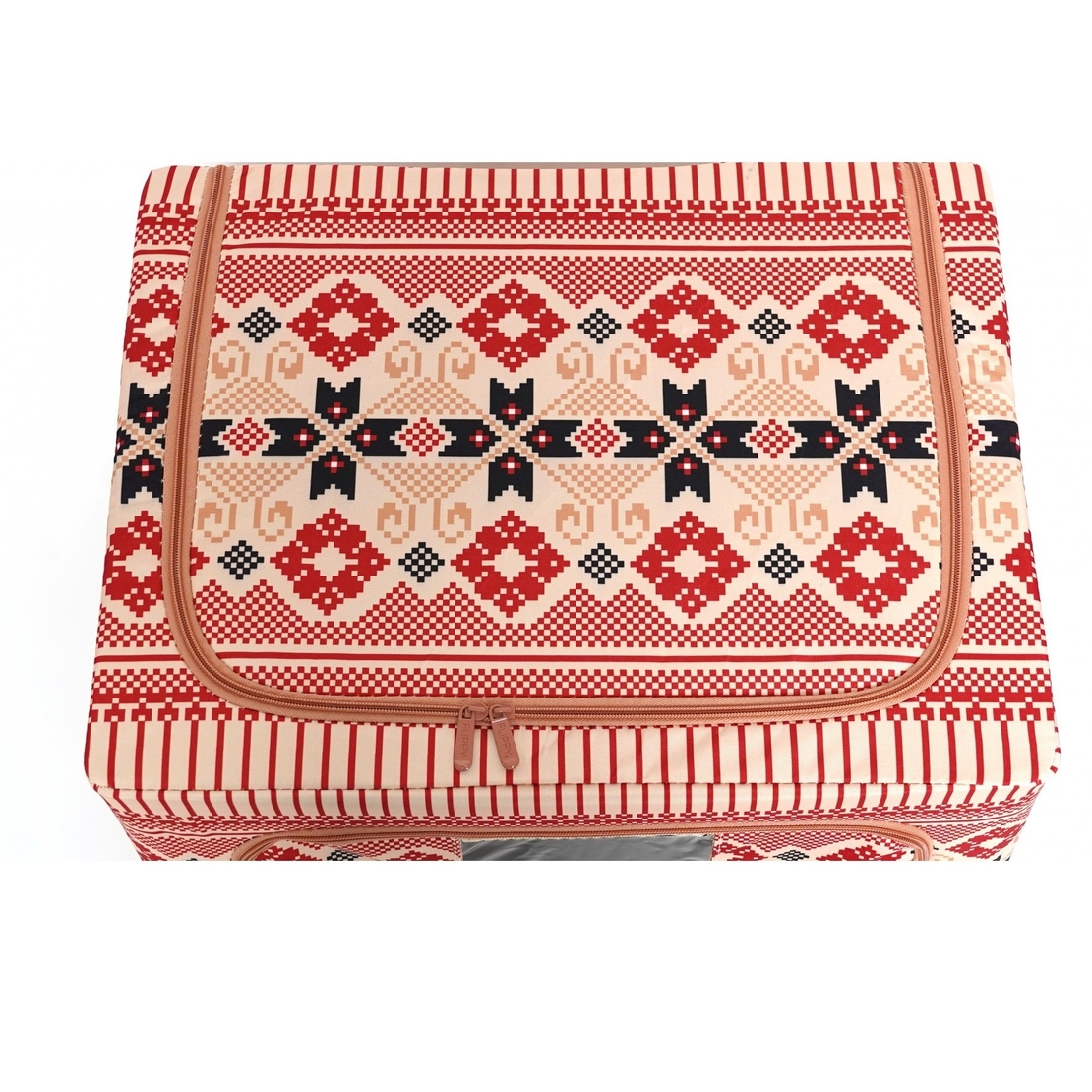 Cutie de Depozitare Pliabila, Flippy, 66 L din Bumbac si In, 52 x 42 x 39 cm, Fereastra Frontala, 2 Usi de Acces cu Fermoar Bidirectional, Cadru Metalic, Suport Baza Stabil din Plastic, Motiv Traditional Model 5