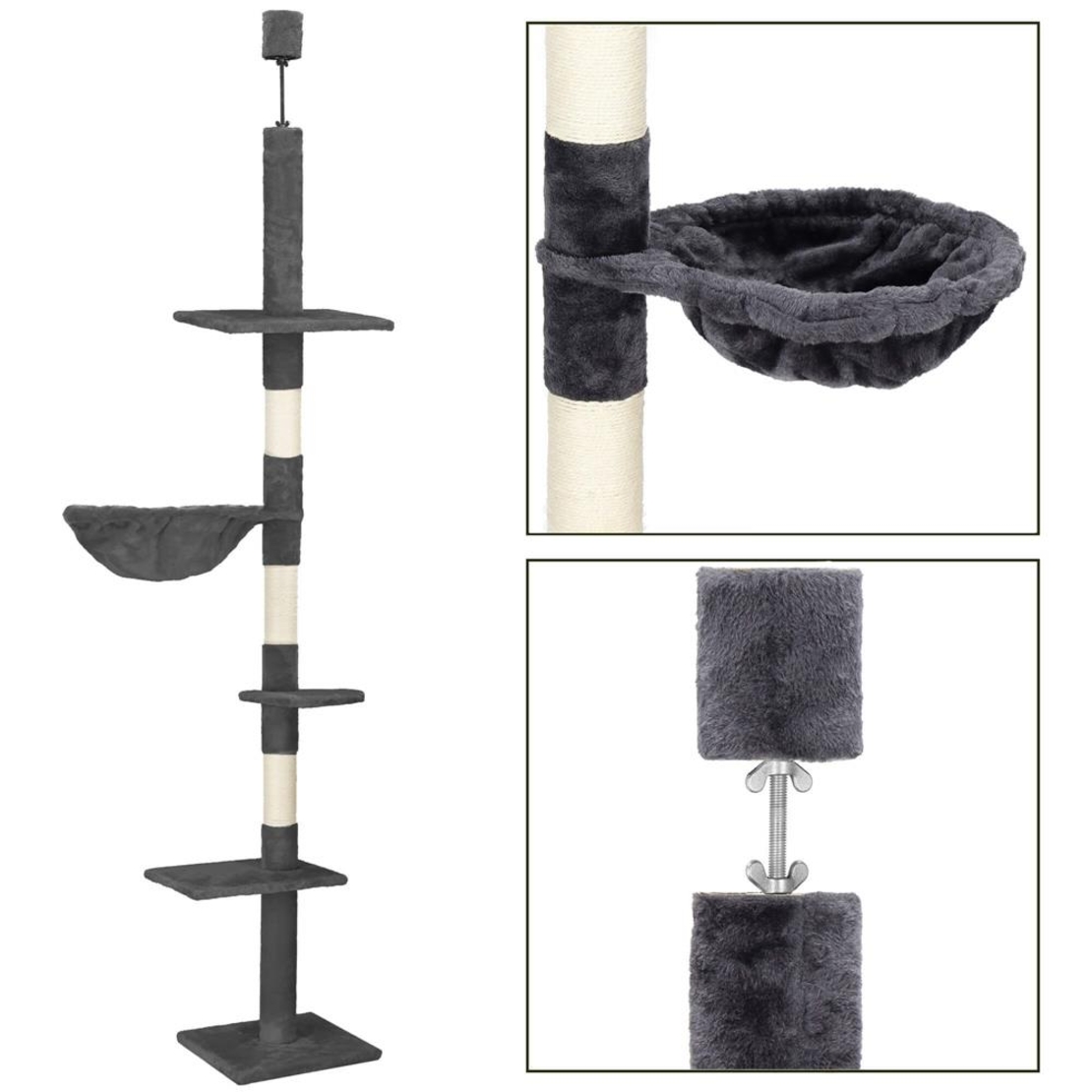 Ansamblu de joaca pentru pisici, tip stalp de catarat pana la tavan, inaltime reglabila, 240 - 265 cm, gri inchis