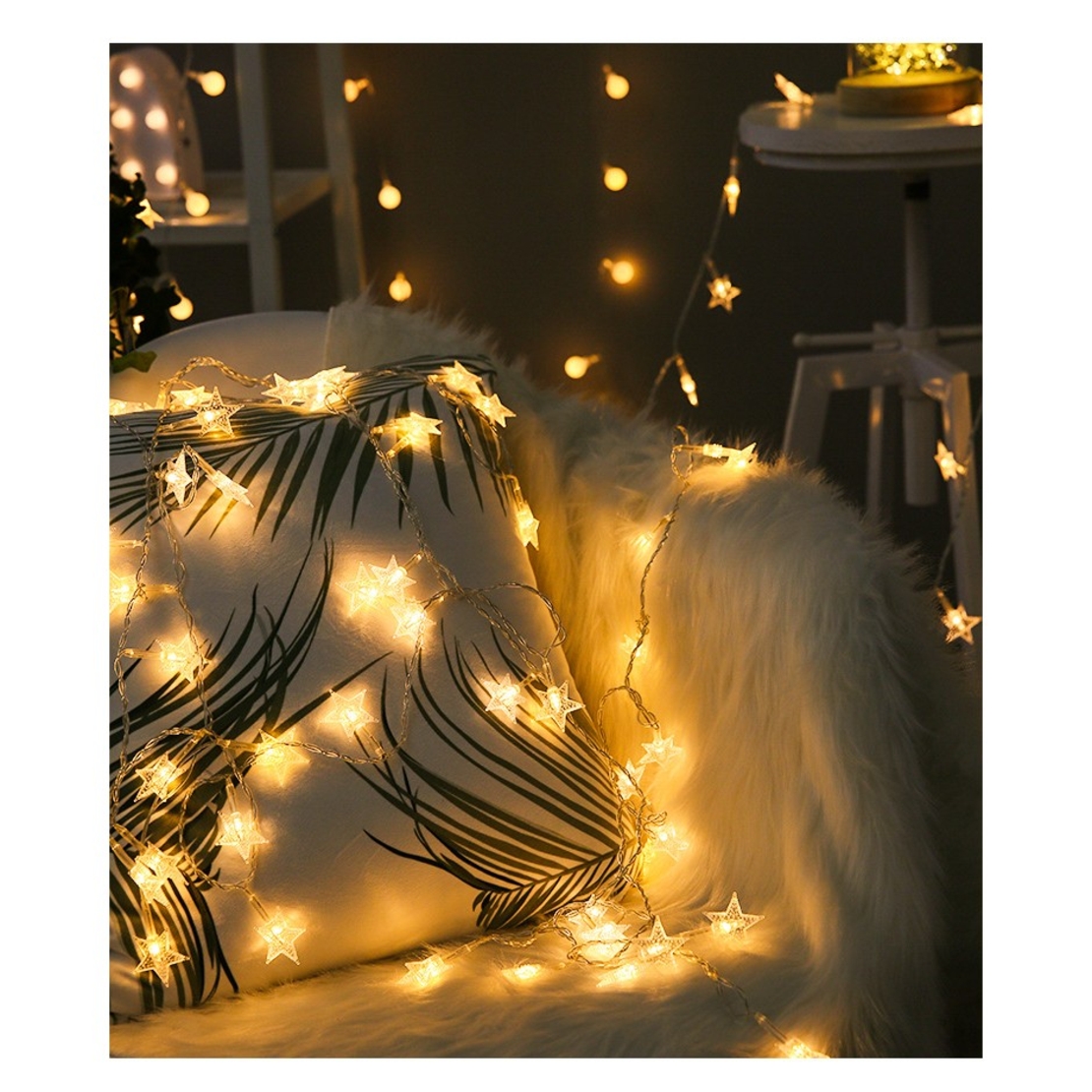 Instalatie Craciun cu baterii, 1.5 metri, 10 LED-uri tip Stea, fir Transparent, Alb Cald, Vafy