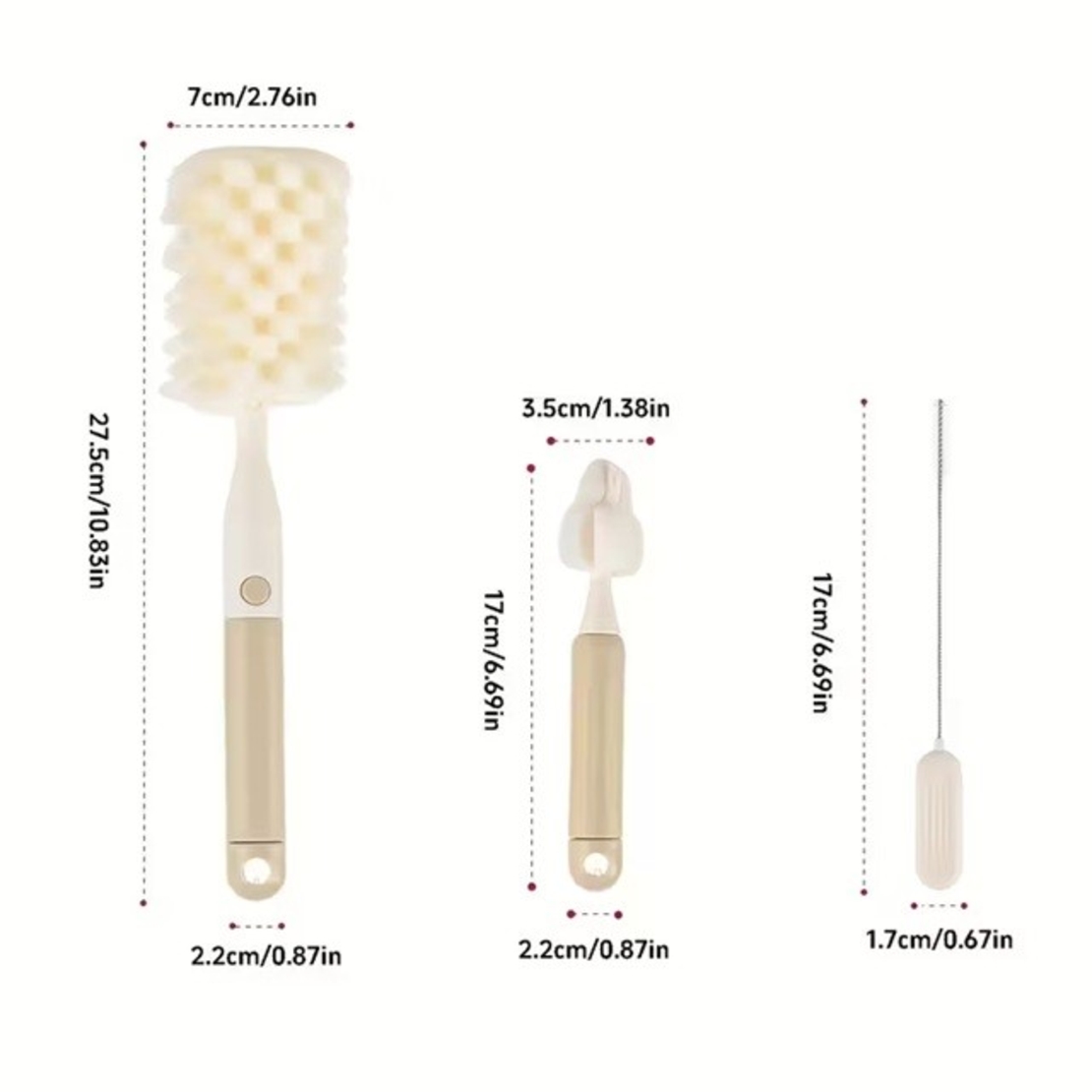 Set 3 Perii de Spalat Biberoane, Vafy, pentru Tetina, Biberon, Pai, Materiale Sigure, fara BPA, Curatare 360°, Bej