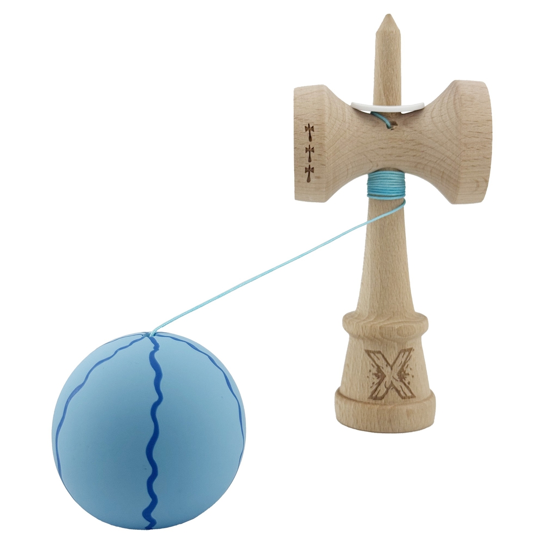 Kendama X Originala, Profesionala, Flippy, Rubber Grip, Cupe Mari KING SIZE V3, Gaura in Baza, Rulment Metalic, din lemn 18 cm, Ata 62/65 cm, Special Albastru deschis