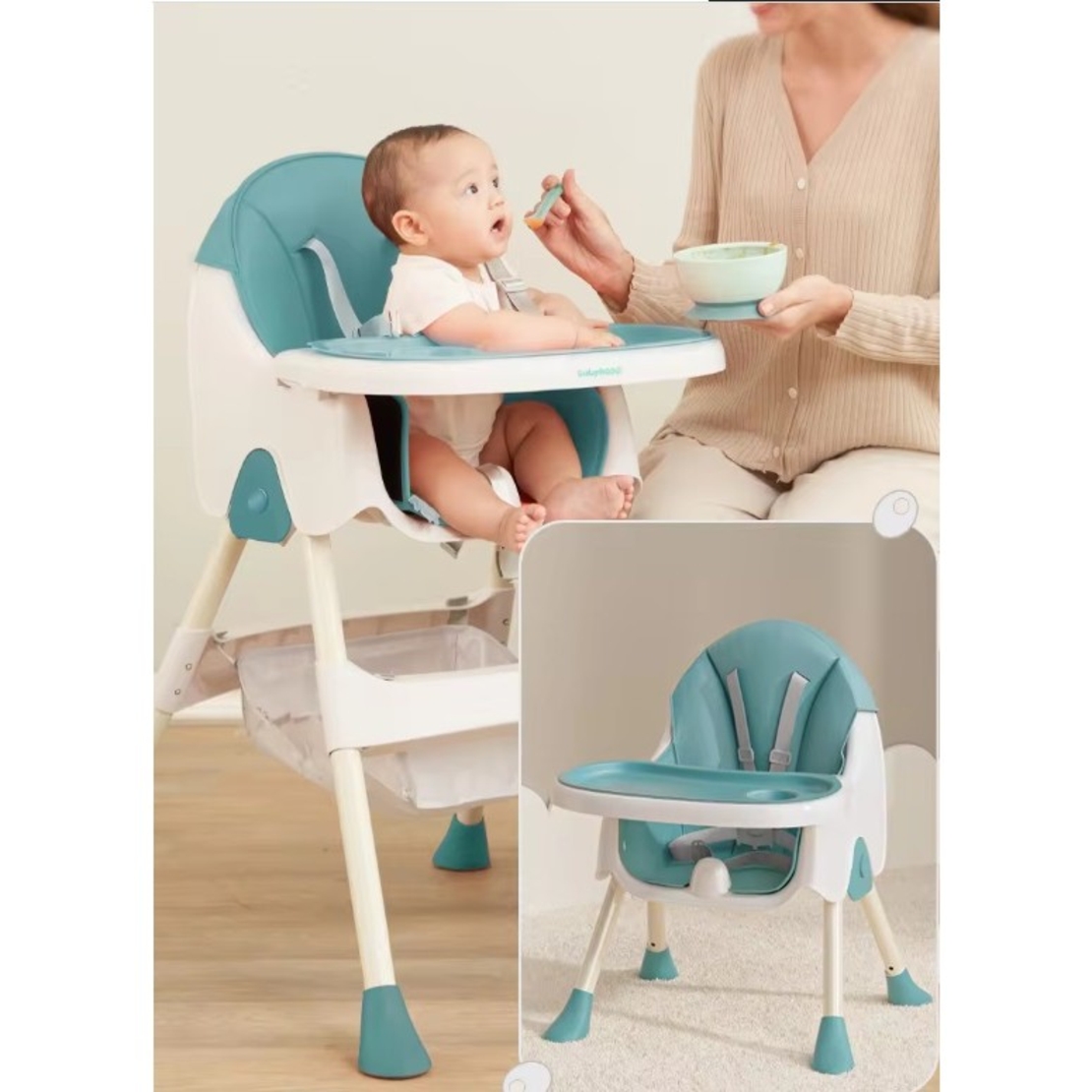 Scaun de Masa Pliabil 3in1, Flippy, Reglabil, Multifunctional, 3 Pozitii, Masuta si Husa Detasabile, Centura de Siguranta, Albastru