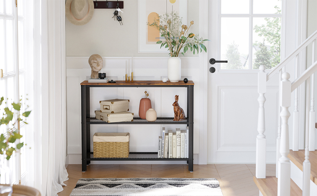 VASAGLE Masa de intrare, cadru metalic cu 3 polite din MDF, 35x102x80cm, maro rustic si negru