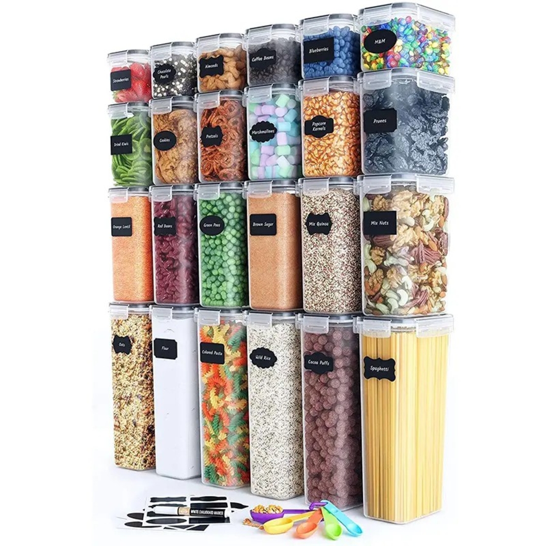 Cutii de depozitare alimente, Flippy, Set din 24 Cutii pentru Condimente, Cereale, Cutii pentru Bucatarie, din Plastic PP, Cutii Alimentare, Diferite Dimensiuni, Transparente