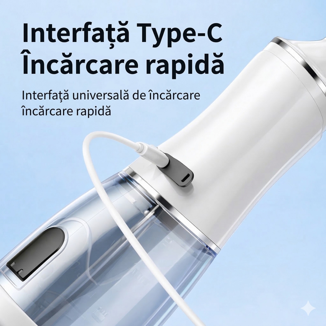 Irigator Bucal Electric, Flippy, Portabil, Dus Bucal pentru Curatare, Indepartare Tartru, 4 Capete, 25 x 8 x 8 cm, Alb