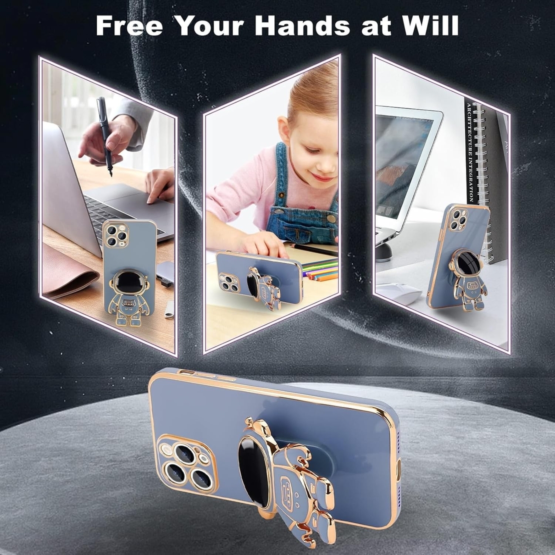 Husa de Protectie TPU 2in1, Vafy, pentru Apple iPhone 14 Pro Max, Astronaut cu Suport, Antisoc, Rezistenta la Impact, Protectie Camera, Albastru
