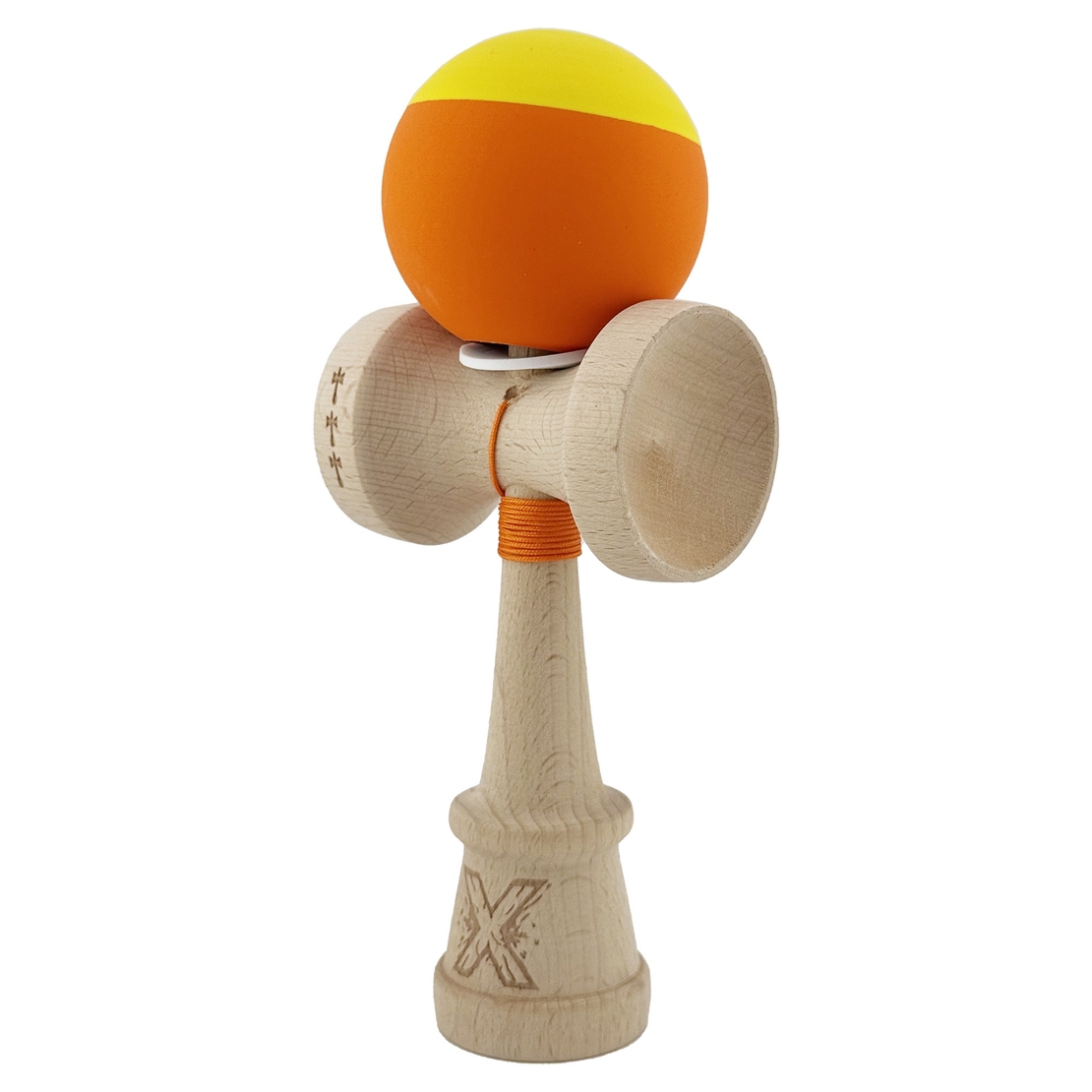 Kendama X Originala, Profesionala, Flippy, Rubber Grip, Cupe Mari KING SIZE V3, Gaura in Baza, Rulment Metalic, din lemn 18 cm, Ata 62/65 cm, Bicolor Galben/Portocaliu