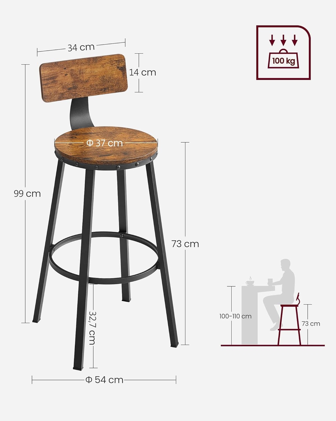 VASAGLE Set de 2 scaune de bar inalte cu spatar, cadru din otel, industrial, 54x99cm, maro rustic