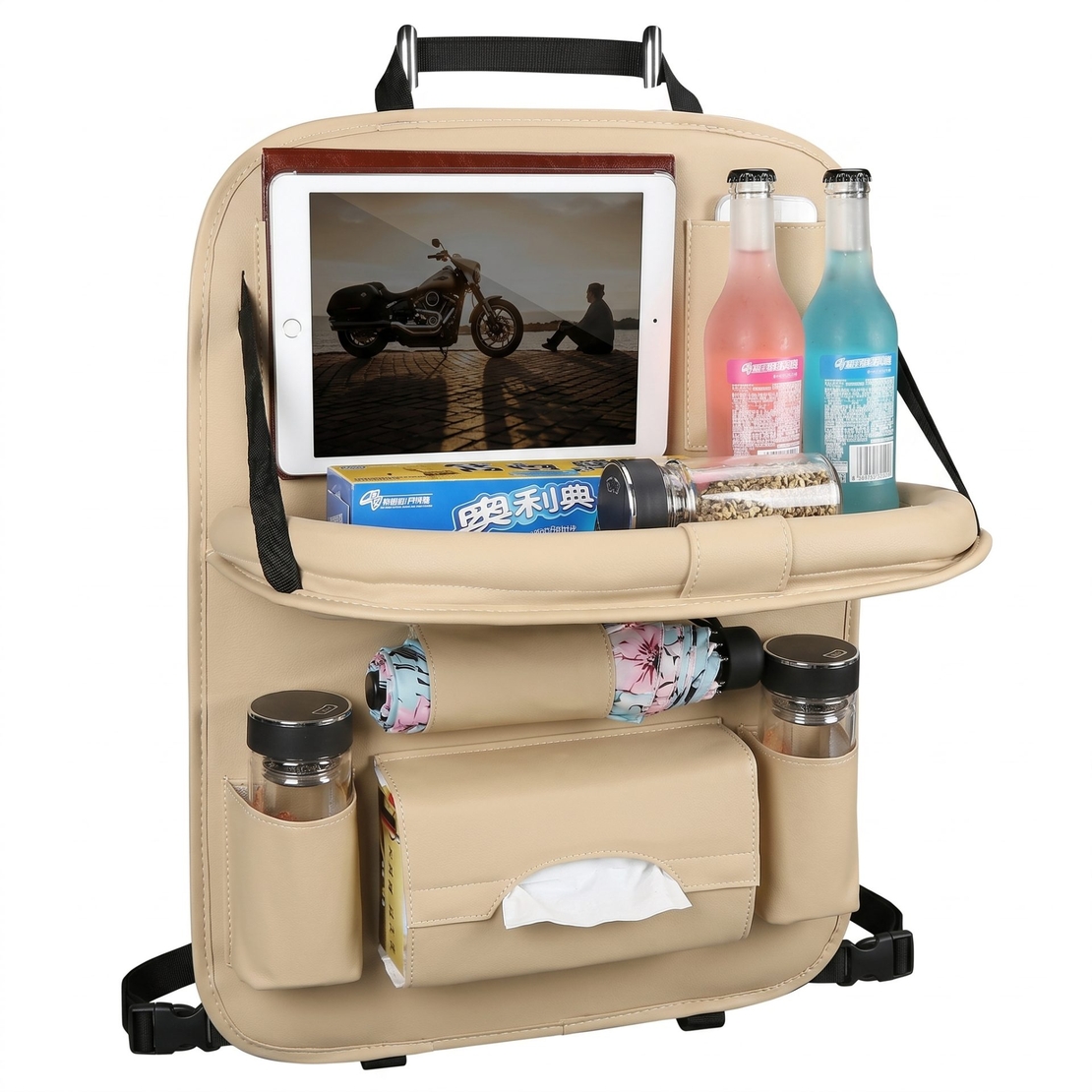 Organizator Spate Scaun Auto, Flippy, Masa Pliabila, Piele Ecologica, Impermeabil, Suport pentru Tableta, Sortare Lucruri si Protejare Tapiterie, 40 x 63cm, Bej